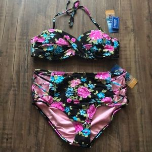 Bikini NWT Floral Black with Pink & Blue Sz. Large